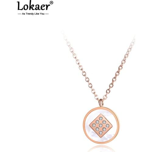 Lokaer Mosaic Rhinestone Stainless Steel Chokers Necklaces White Shell With Circle Rose Gold Pendant Necklace For Women N19043