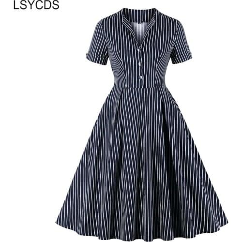 LSYCDS Navy Blue Women Dresses Button Front Striped Vintage Robe Cotton Dress High Waist Elegant Pocket Pleated Midi Dress New
