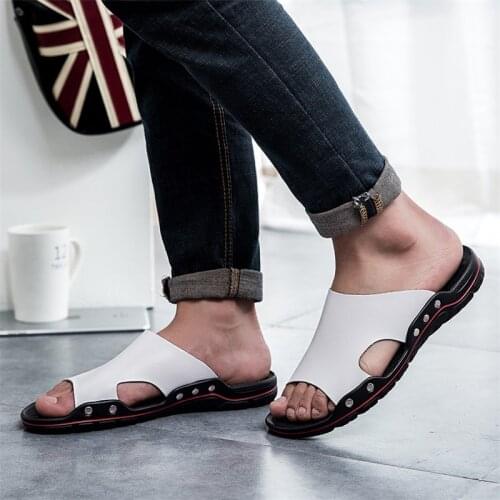 38-48 Cow Split Leather Slippers Men Beach Flip Flops Soft Rubber Mens Slippers Outdoor Mens Shoes Casual Sandals Pantofole Uomo