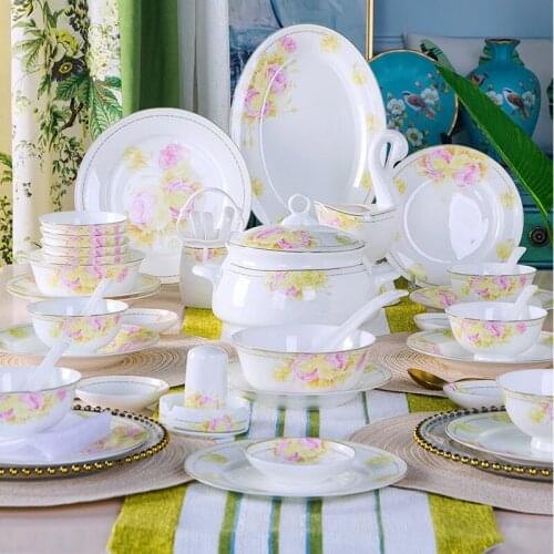 60 Heads jingdezhen ceramics chinese dishes dish set Soup Bowl Salad Noodles Bowl Plate Dinnerware Sets Tableware