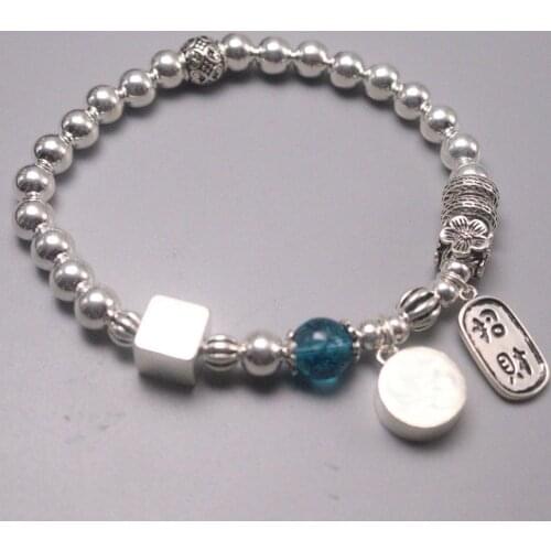 Real Silver 925 Bracelet Chain For Women Girl Silver Small Beads 6mm Blue Crystal Beads Lucky Bag Cat Bracelet 17cmL