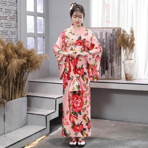 New Japanese Elegant Kimono Dress Japan Style Pink Long Robe Female Yukata Cosplay Costume Japanese Traditional Clothes DQL1416