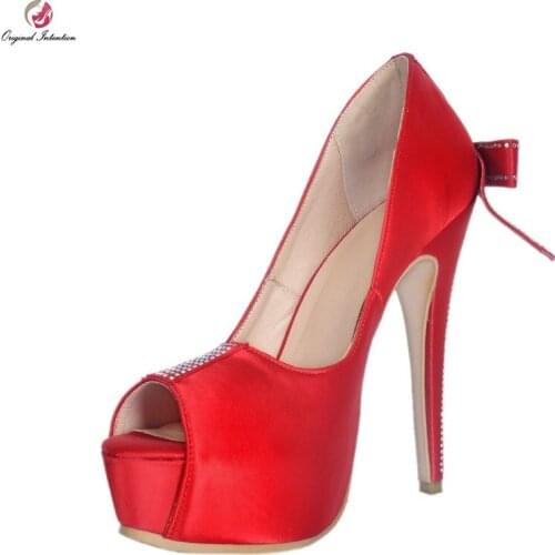 Original Intention Women Pumps New Fashion Sexy Peep Toe Rhinestone Thin High Heels Red Shoes Woman Pumps Plus Size 4-20