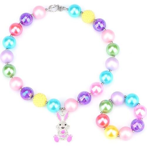 Girls Bunny Easter Candy Chunky Bubblegum Necklace and Bracelet Set Spring Pastel Necklace Baby-Toddler-Girls Birthday Gift