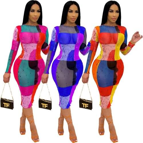 Sexy Mesh Sheer Print Bodycon Midi Dress Long Sleeve Summer Outfits for Women Y2k Clothes Office Lady Party Club Dresses