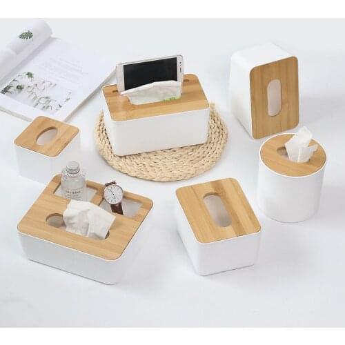 Removable Bamboo Wood Cover Plastic Tissue Box Container Holder Storage Organizer Cellular phone Tissue Holder Home Decoration