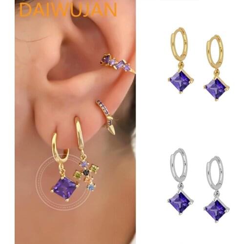 Genuine 925 Sterling Silver Huggies Hoop Earrings For Women Purple Square Zircon Punk Hanging Earring Wedding Jewelry Pendientes