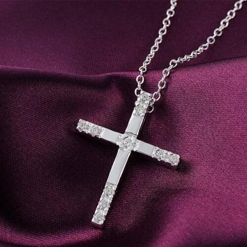 925 Sterling Silver Female Crystal Cross Pendants And Necklaces 18Inch Chain For Women Wedding Party Jewelry Gift GaaBou