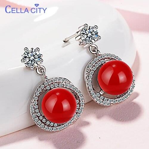 Cellacity Women 925 Sterling Silver Earrings Women Fine Jewelry With Red Pearl Zircon Gemstone Drop Earring Wedding Party Gift