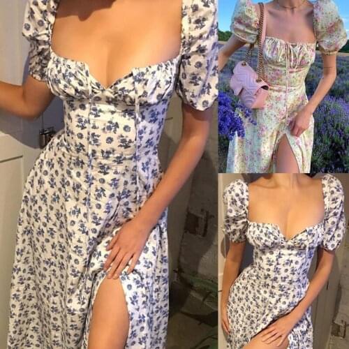 Women Puff Short Sleeve Floral Maxi Dress Ruched Lace-Up Split Beach Sundress Q39C