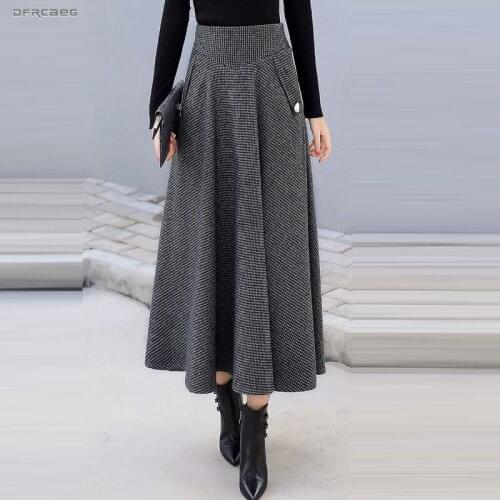 Winter Women Fashion Retro Woolen Ankle-Length Skirts Warmth Autumn Lady Plaid High Waist Chic Wool Pleated Maxi A-Line Skirt