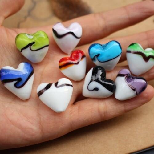 10Pcs 20mm Handmade Lampwork glass beads Heart Shape Loose Beads Double colored with Black Drawing Multi-Color for jewelry &DIY