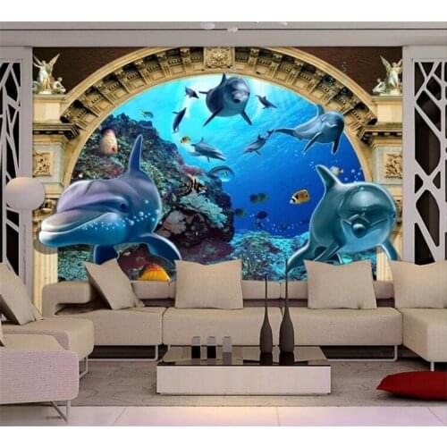 3D Stereoscopic Undersea World Dolphin Rome Column Photo Mural Wallpaper Kids Bedroom Living Room TV Backdrop Papel De Parede 3D