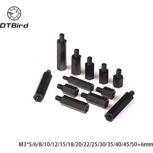 50Pcs M3 thread +6mm Hex Black Nylon Standoff Spacer Female to female Column Flat Head Double Pass Plastic Spacing Screws