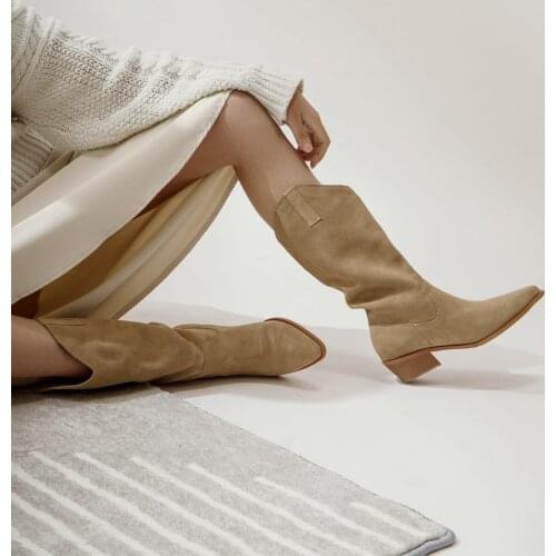 Arden Furtado 2021 Spring Women 's shoes Genuine Leather Boots Square heels flat Med calf boots Fashion Slip On Ladies Shoes