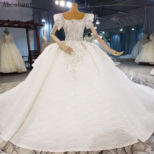 Puff Short Sleeve Plus Size Wedding Dress 2021 Ivory Square Collar 200CM Cathedral Train Bridal Gown Exquisite Beads Top Lace Up