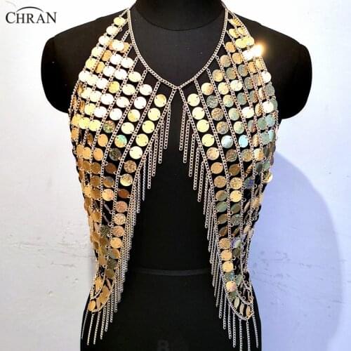 Chran Shine Bright Iridescent Gold Mermaid Sequin Disc Burner Babe Halter Chain Bra Crop Top Necklaces Women Jewelry Accessories