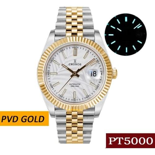 Cronos Watch MOP Dial PVD Golden Bezel Enamel Dial 2N18 Hands Mechanical Automatic Self-Wind Luxury Retro Mens Diver Watch