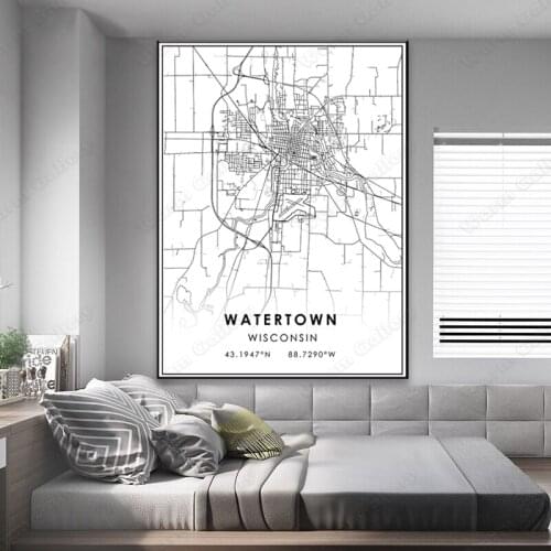 Black and White City Map The Watertown City Map Poster HD Print Wall Art Canvas Nordic Landscape Painting For Home Decor