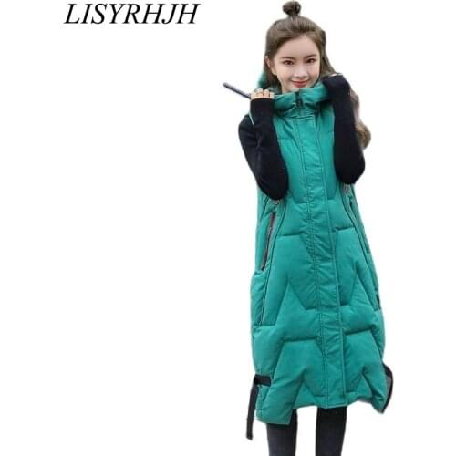 Long Winter Vest Womens Solid Hooded Pockets Zipper Padded Ladies Casual Sleeveless Jacket Warm Waistcoat for Female