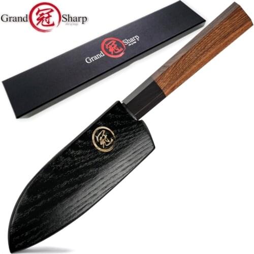 Grandsharp 5 Inch Santoku Knife Japanese Kitchen Knives 3 Layers AUS10 Steel Chefs Cooking Tools Wooden Scabbard Saya Gift Box