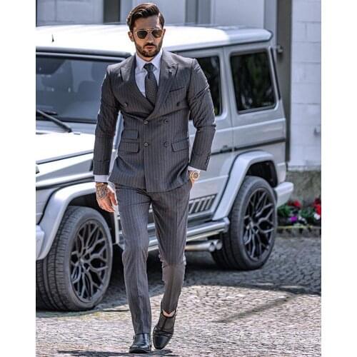 Custom Made Business Mens Formal Grey Striped Suits Groom Wear Double Breasted Party Wedding Peaked Lapel Tuxedos (Jacket+Pants)