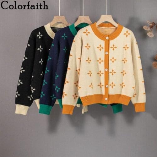 Colorfaith New 2021 Womens Autumn Winter Sweaters Elegant Floral Cardigan Fashionable Vintage Knitted Lady Short Tops SWC3025JX