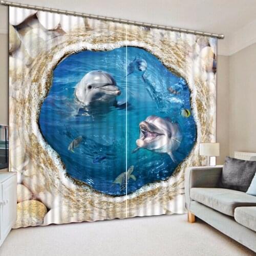 Classic Home Decor 3D Curtain Underwater World Blue Curtain Cobblestone Dolphin Curtains Window Curtain Living Room