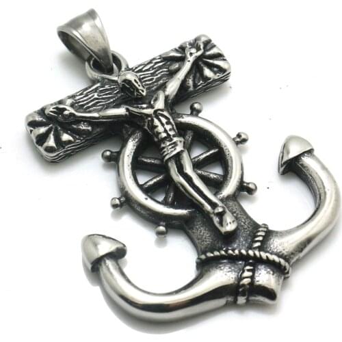 Mens 316L Stainless Steel Jesus Christ Vintage Rudder Anchor Pendant Newest