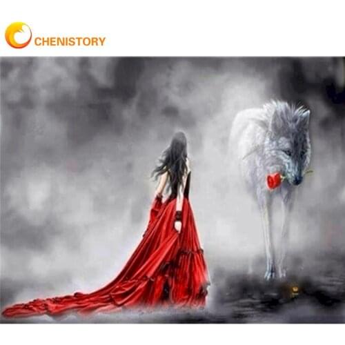 CHENISTORY Framed Painting By Numbers Kits For Children Red Dress Girl With Wolf Figure Picture By Number Acrylic Paint On Canva