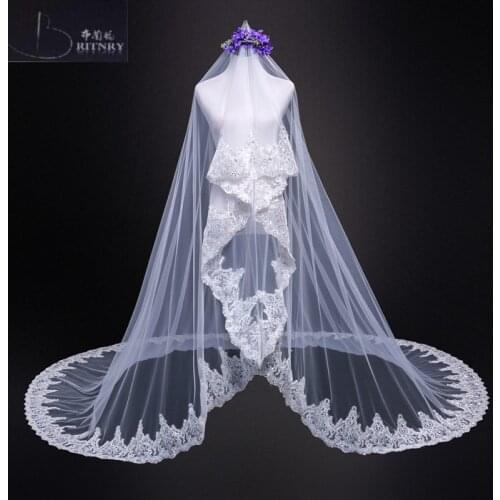 New Lace Edge Arabic Long Cathedral Bridal Veil One Layer Wedding Veil For Brides Accessories Real Photos 2018