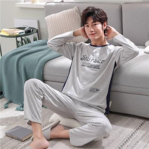 2020 New Fashion Long Sleeve Mens Pajamas 2 Piece Set Pure Cotton Home Clothes For Male Large Size O-Neck Sleepwear Sleep Pants