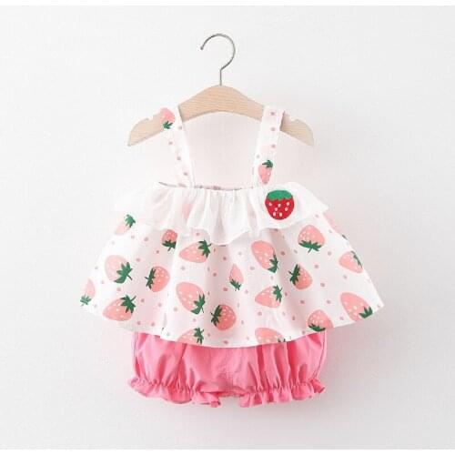 New Fashion Clothes Baby Girl Outfit 2 Pcs Sets Strawberry Embroidery Print Strap Dress+shorts Pants Cute Princess Dress 0-24M