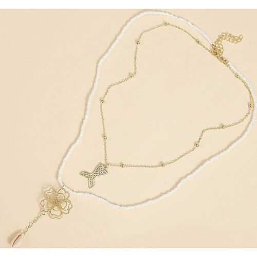 2 Pcs/Set Fashion Gold Chain Handmade Beaded Layered Necklaces Women Boho Mermaid Tail Metal Flower Shell Pendant Necklace Gift