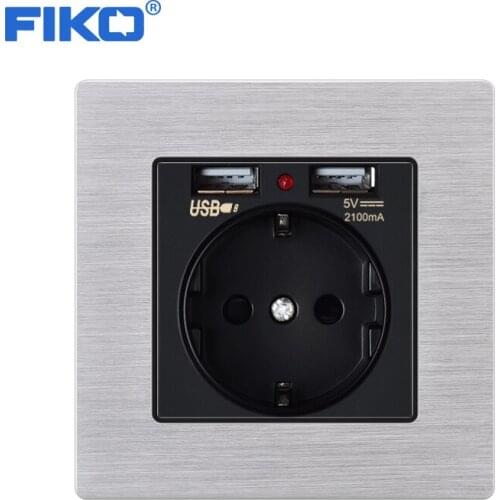 FIKO 1 gang Socket Glass Grey Design EU Wall Socket 5V 2A Grey Tempered Glass Frame FB-08 Free Shipping Charger Adapter Socket