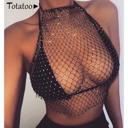 Serytee Halter Crystal Diamond Camis Women Beachwear Fishnet Hollow Out Sexy Crop Tops Bling Night Club Party Tops