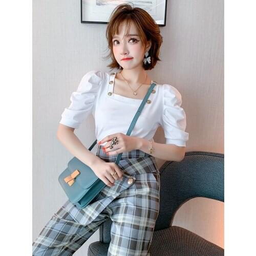 Top Quality Square collar button retro pleated bubble sleeve short sleeve top summer new