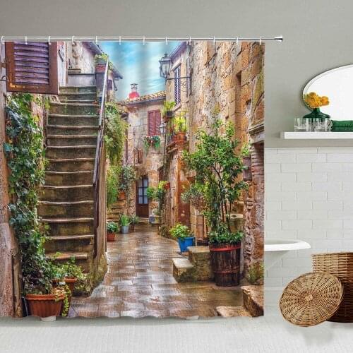 European And American Street Alley Shower Curtain Garden Flower Scenery Bathroom Wall Decoration With Hook Waterproof Screen Set