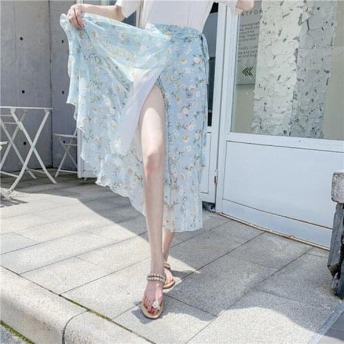 2020 Summer Women High Waist Irregular Skirt Printing Bow Tie Belt Split Maxi Skirts Lady Casual Midi Long Skirt Jupe Femme Y302