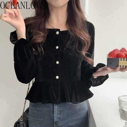 OCEANLOVE Blusas Feminina Solid Ruffles Velvet Autumn Winter Square Neck Women Shirts Korean Sweet Short Elegant Blouses Tops