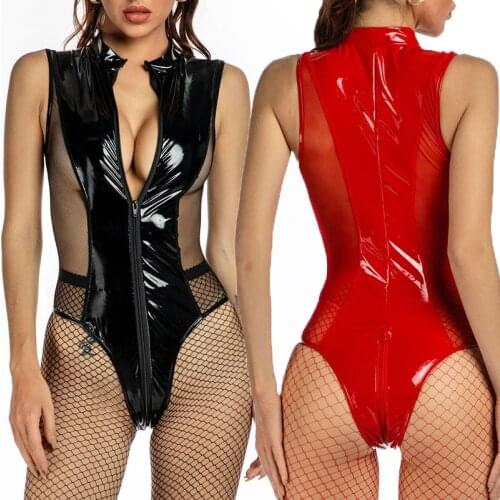 Women Wetlook Bodysuit Mesh PU Leather Sleeveless Jumpsuit Zipper Open Crotch Playsuit Exotic Teddies Catsuit Lingerie Nightwear