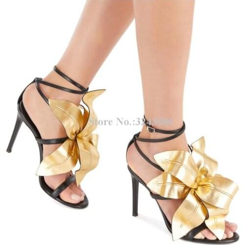 Lady New Gold Color Flower Sandals Shoes Women Sexy Strappy Stiletto Heel Leather Gladiator Sandals Large Size Banquet Shoes