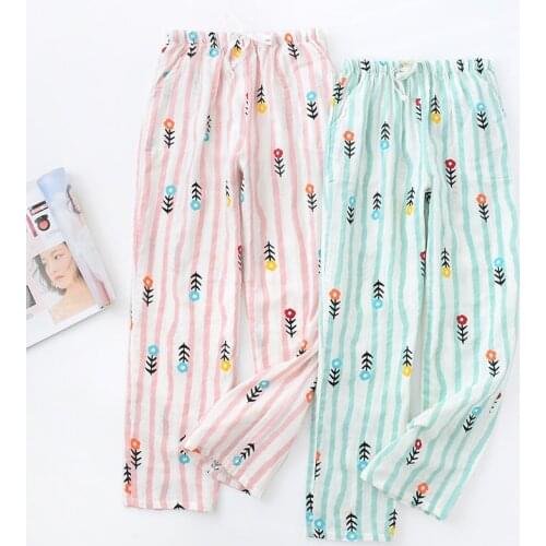 Womens 100% Cotton Gauze Striped Pijama Pants Thin Long Trousers Sleep Pants Summer Mosquito-proof Breathable Loose Lounge Pants