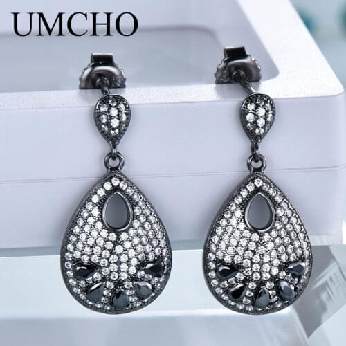 UMCHO Water Drop Black Spinel Jewelry Solid 925 Sterling Silver Gemstone Drop Earrings For Women Birthday Gift Fine Jewelry