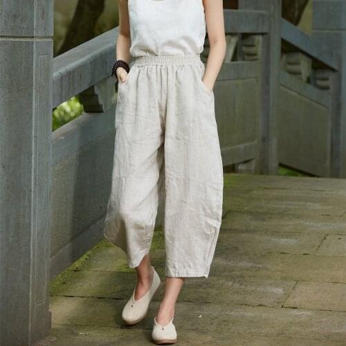 Women Loose Linen Pants Ladies Vintage 2020 Summer Elastic Waist Harem Trousers Female Retro Solid Color Pants