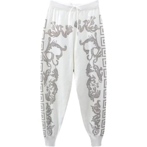 Knitted Pants Womens Fashion Rhinestone Harem Pants Colorful Crystals Casual Elastic Waist Stretchy Trousers Sweatpants Woman