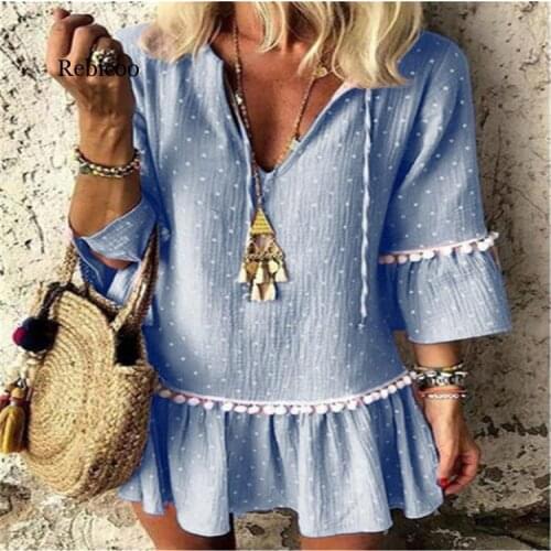 Womens Polka Dot Print Tassel V-neck Mini Dress 3/4 Sleeve Ruffled Straight Short Dresses Summer Vintage loose Vestido Women