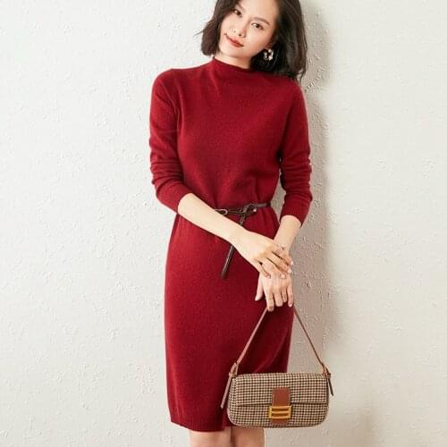 Winter New Arrival Women Dress 100% Goat Cashmere Knitted Dresses Ladies Oneck Plus Longer Jumpers Hot Sale Woman Dress