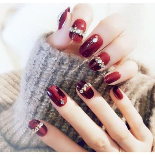 24pcs/boxed with 2g glue Shining Rhinestone Fake Nails Red Color 3D Glitter False Nails Wedding Party Nails Fashion Decoration