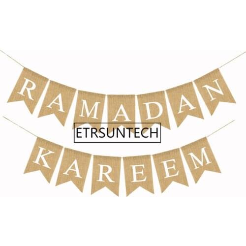 50pcs Eid Mubarak Banner Muslims Ramadan Kareem Decorations Linen Hanging Flag with Ropes Islam Home Decor Party Supplies